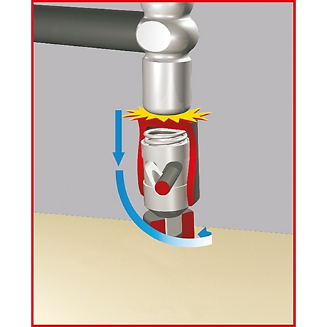 Ein Hammer schlägt auf ein Werkzeug, ein Pfeil zeigt die Bewegung an. Funken und Details, rot umrandet.